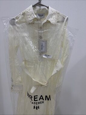 Dream Catcher Romantic Cream Lace-Trim Maxi Dress with Belted Waist